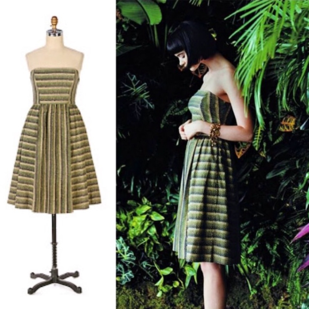 Anthro Chlorophyll Study Strapless Mini Dress Maple Green Stripes Tube Nature
